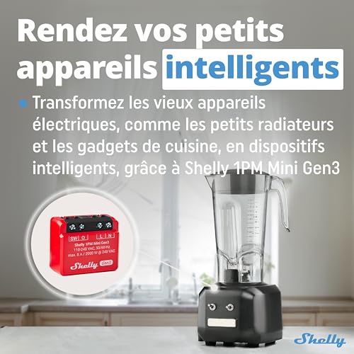 shelly 1pm mini gen3 micromodule relais interrupteur connecté wi fi & bluetooth, compteur de consommation, commande à distance, 1 canal 8a, alexa & google home, app ios, android (lot de 2)