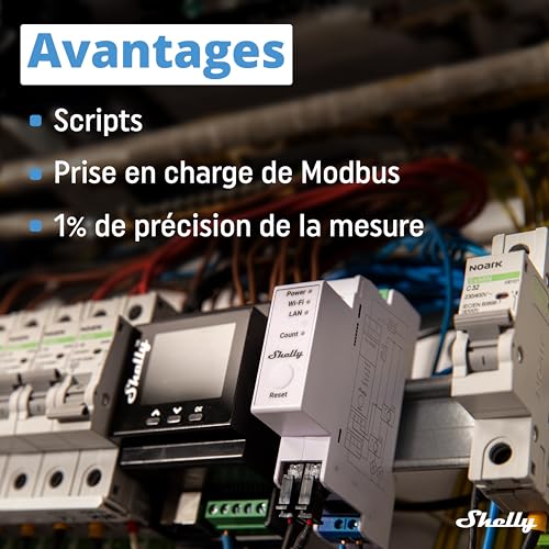 shelly pro 3em compteur électrique triphasé connecté 120a, lan, wi fi & bluetooth, compteur d'énergie photovoltaïque, montage sur rail din, 4 fils, modbus, app ios android