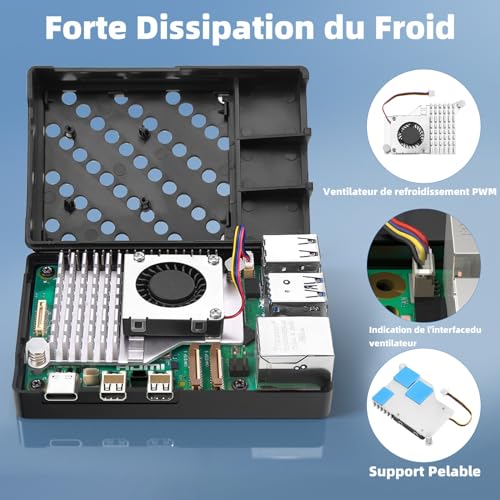 rastech raspberry pi 5 8go kit 64go edition avec active cooler,alimentation 27w 5.1v5a usb c,pi5 8go board,kit lecteur de carte 64go,boîtier pi 5,double 4k câbles de micro hd out,manuel d'utilisation