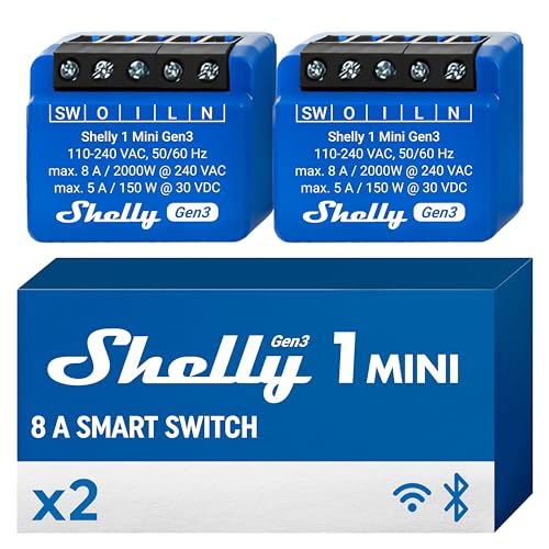shelly 1 mini gen3 mini relais interrupteur sans fil, contacts secs, wi fi & bluetooth, 1 canal 8a, commande portail, lumières, alexa & google home, app ios android, sans hub (lot de 2)