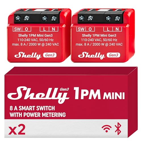 shelly 1pm mini gen3 micromodule relais interrupteur connecté wi fi & bluetooth, compteur de consommation, commande à distance, 1 canal 8a, alexa & google home, app ios, android (lot de 2)