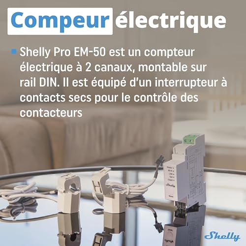 shelly pro em 50a | compteur électrique monophasé | sortie à impulsions | 2 canaux | lan, wi fi & bluetooth | commande contacteurs | compatible alexa & google home | app ios android