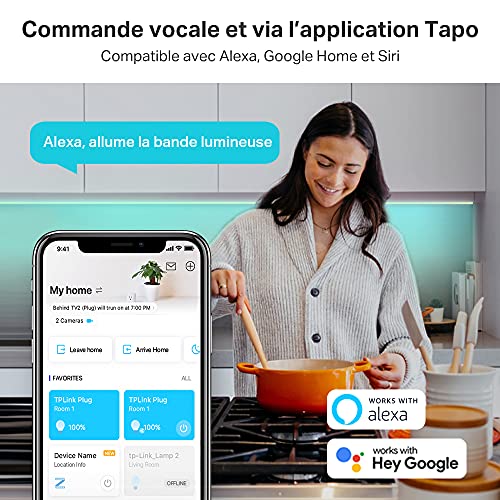 tapo ruban led connecté wifi rgb 5m, bande led chambre multicolore, haute luminosité et durable, contrôle via wifi app, commande vocale, compatible avec alexa et google home, tapo l900 5
