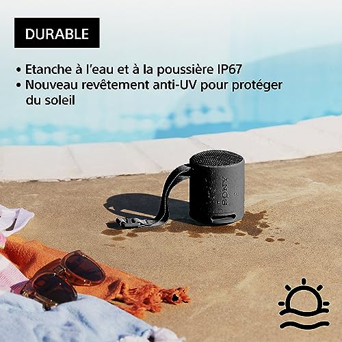 sony srs xb100 enceinte sans fil bluetooth, portable, légère, compacte, durable, ip67, étanche à l'eau et à la poussière, batterie 16h, dragonne polyvalente, appels mains libres, noir