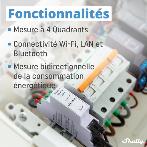 shelly pro 3em compteur électrique triphasé connecté 120a, lan, wi fi & bluetooth, compteur d'énergie photovoltaïque, montage sur rail din, 4 fils, modbus, app ios android