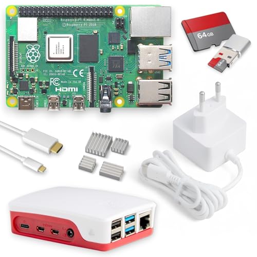 raspberry pi 4 4 go starter kit | alimentation usb c 15w | boîtier | carte sd 64gb | câble 4k micro hdmi | kit dissipateur thermique