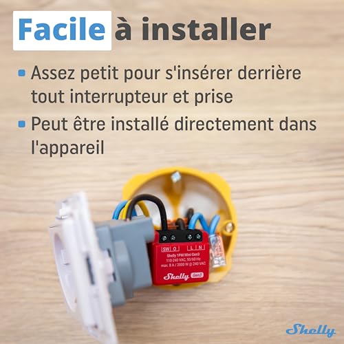 shelly 1pm mini gen3 micromodule relais interrupteur connecté wi fi & bluetooth, compteur de consommation, commande à distance, 1 canal 8a, alexa & google home, app ios, android (lot de 2)