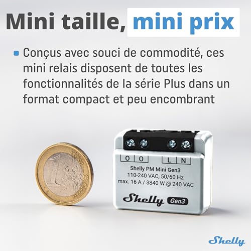 shelly pm mini gen3 micromodule compteur de consommation connecté, wi fi & bluetooth, 1 canal 16a, commande à distance, application android, aucun hub requis