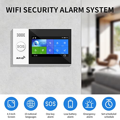 système d'alarme domestique sans fil, système de sécurité wi fi avec écran fulltouch sans fil de 4,3" fonctionne avec alexa et google pour la maison, appartement