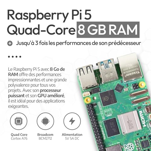 raspberry pi 5 8 go starter set | microsd de 128 go | alimentation usb c 27 w | boîtier avec ventilateur | 4k câble micro hdmi 1 m | dissipateur de chaleur | raspberry pi 5 8 go