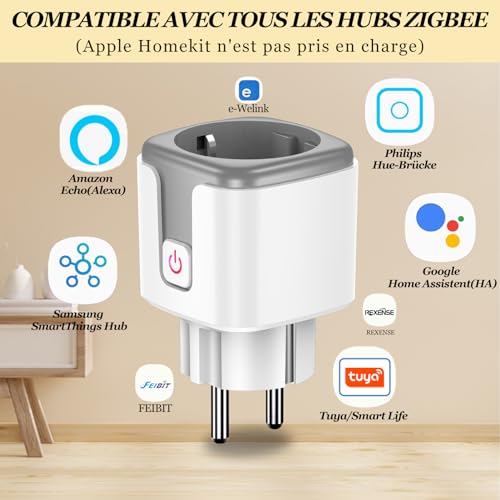 surfou prise connectée zigbee 3.0 avec minuteur et contrôle vocal, mesure consommation electrique, smart plug compatible avec philips hue, alexa, google home, hub connecté requis (2 packs)