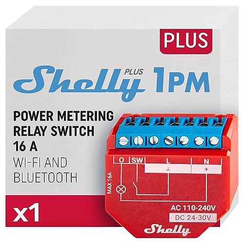 shelly plus 1pm relais interrupteur connecté avec compteur d'énergie 16a, wi fi et bluetooth, commande à distance éclairage, alexa et google home, app ios android