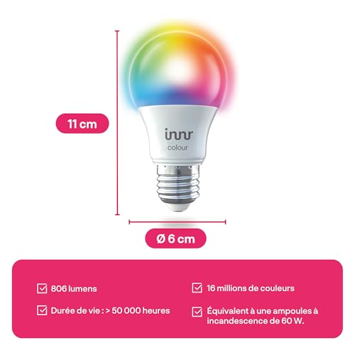 innr ampoule connectée zigbee e27, fonctionne avec hue* et alexa (pont requis), blanc et couleur, ampoule rgb, led lampe, intensité variable, 806 lumens 1 pack