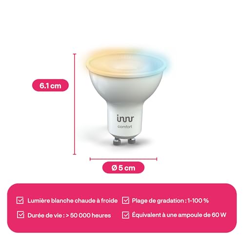 innr ampoule connectée zigbee gu10, fonctionne avec hue* et alexa (pont requis), spot blanc chaud à froid, led lampe, intensité variable, 420 lumens 4 pack