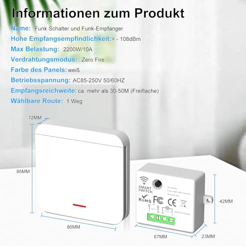 arceli interrupteur, interrupteur sans fil 433mhz kit interrupteur rf et récepteur 2200w/10a récepteur, interrupteur d'éclairage, switch sans fil interrupteur mural pour maison intelligente
