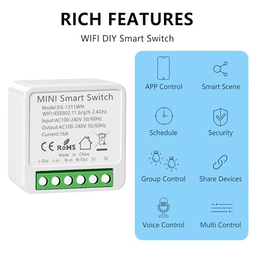 1pc interrupteur wifi, interrupteur connecté compatible avec alexa, alexa interrupteur lampe avec tuya smart life app, montage encastré dans le socle, 2 voies, conducteur neutre nécessaire