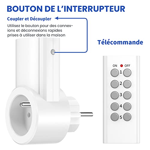 kyg lot de 5 prise télécommandée programmable, kyg prise domotique sans fil, fonction all on all off, deux télécommandes et quatre piles incluses