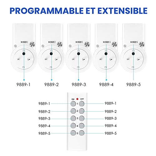 kyg lot de 5 prise télécommandée programmable, kyg prise domotique sans fil, fonction all on all off, deux télécommandes et quatre piles incluses