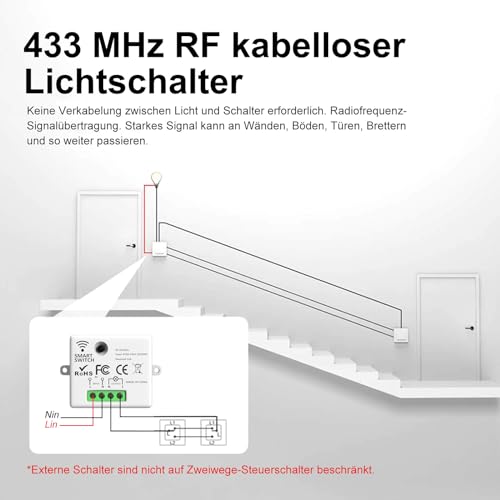 arceli interrupteur, interrupteur sans fil 433mhz kit interrupteur rf et récepteur 2200w/10a récepteur, interrupteur d'éclairage, switch sans fil interrupteur mural pour maison intelligente