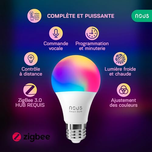 nous p3z ampoule intelligente zigbee rgb e27, compatible avec alexa,hue bridge, google home, home assistant, 16 millions de couleurs, contrôle vocal et par application, 2700 6500k