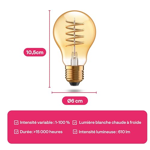 innr e27 smart filament ampoule led, zigbee e27 ampoule connectée, led intelligente à intensité variable, fonctionne avec hue*/ home assistant/homey/alexa, blanc chaud à blanc froid, 610lm, 1 pack