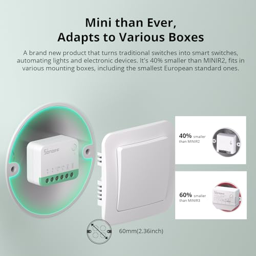 sonoff minir4m matter interrupteur intelligent, 2 way smart switch, interrupteur mural wifi, soutien au protocole matter, contrôle vocal, compatible avec alexa/google home/home assistant, 2400w/10a