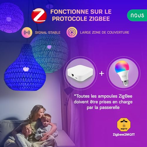 nous p3z ampoule intelligente zigbee rgb e27, compatible avec alexa,hue bridge, google home, home assistant, 16 millions de couleurs, contrôle vocal et par application, 2700 6500k