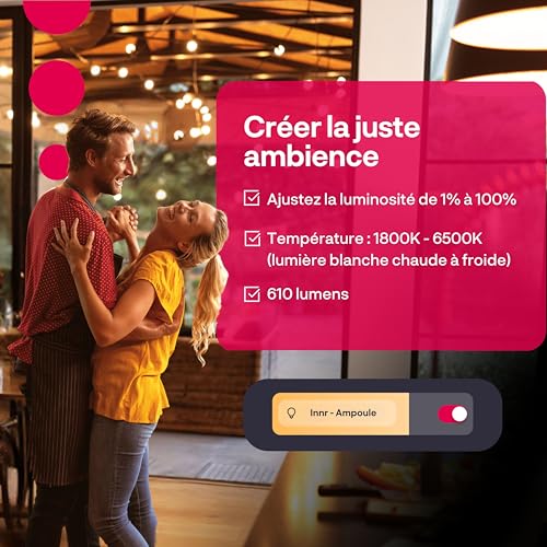 innr e27 smart filament ampoule led, zigbee e27 ampoule connectée, led intelligente à intensité variable, fonctionne avec hue*/ home assistant/homey/alexa, blanc chaud à blanc froid, 610lm, 1 pack