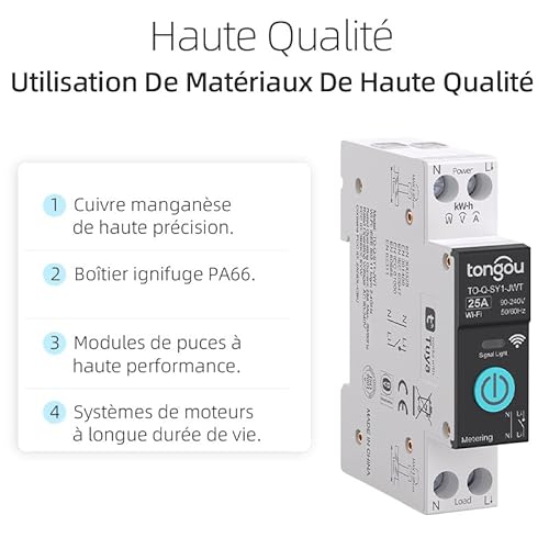 tongou 25a diy interrupteur intelligent compatible avec alexa, google assistant, tuya/smart life app contrôle à distance, rail din commutateur wifi avec mesure, commande vocale et fonction de temps