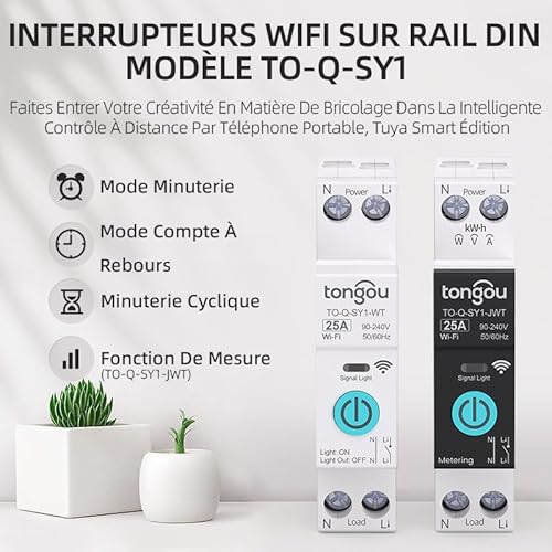 tongou 25a diy interrupteur intelligent compatible avec alexa, google assistant, tuya/smart life app contrôle à distance, rail din commutateur wifi avec mesure, commande vocale et fonction de temps
