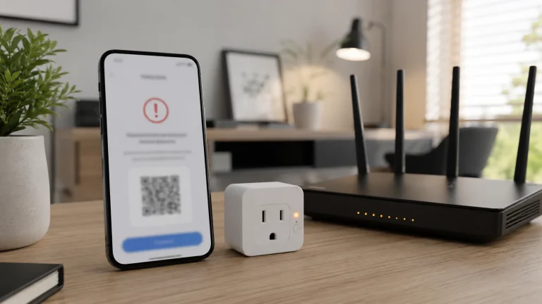 Smartphone, prise connectée et routeur pendant le diagnostic d’une association Matter