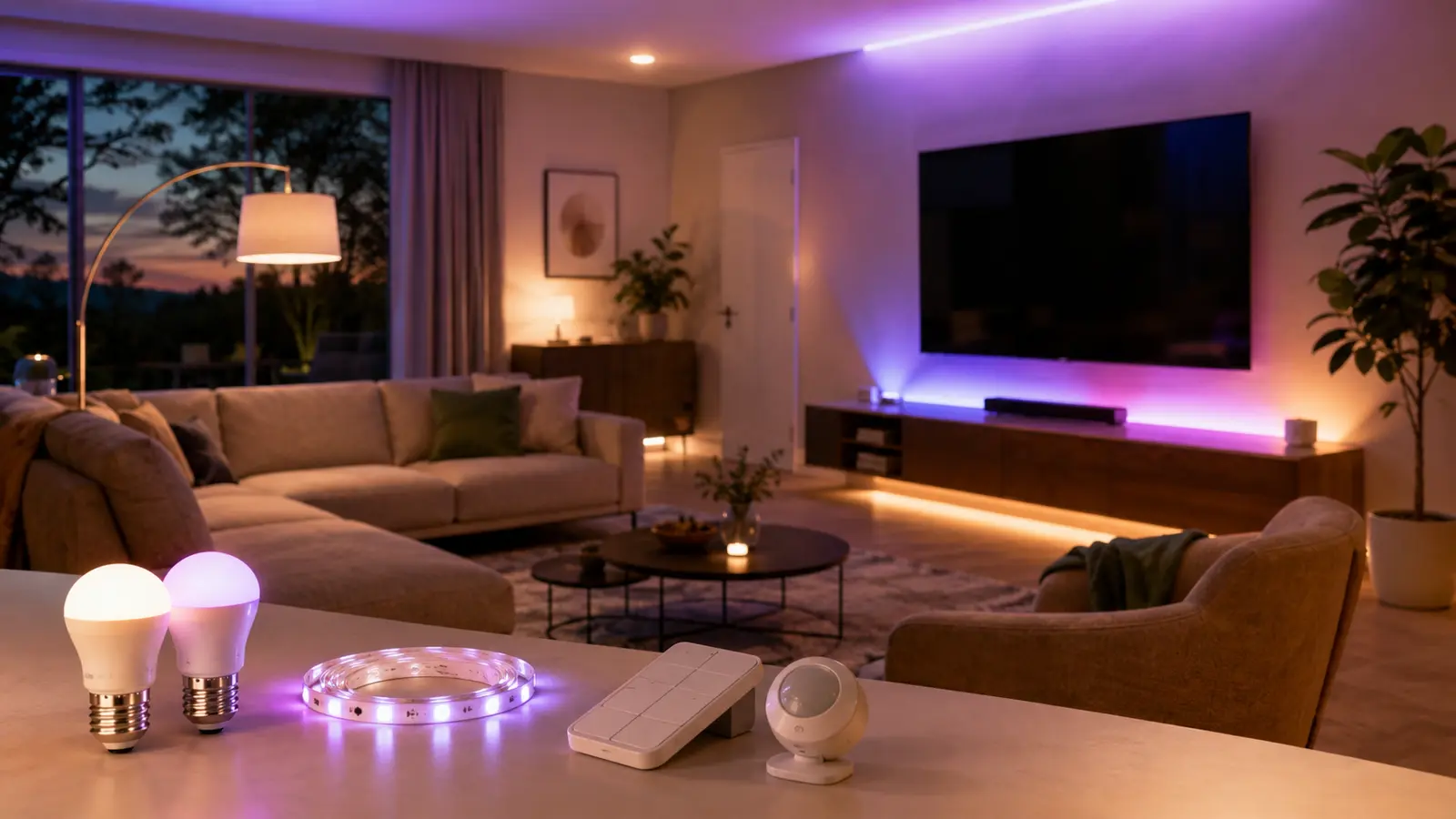 Ampoules et ruban lumineux dans un salon connecté