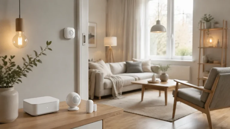 Éclairage et capteurs connectés génériques dans un salon de style scandinave