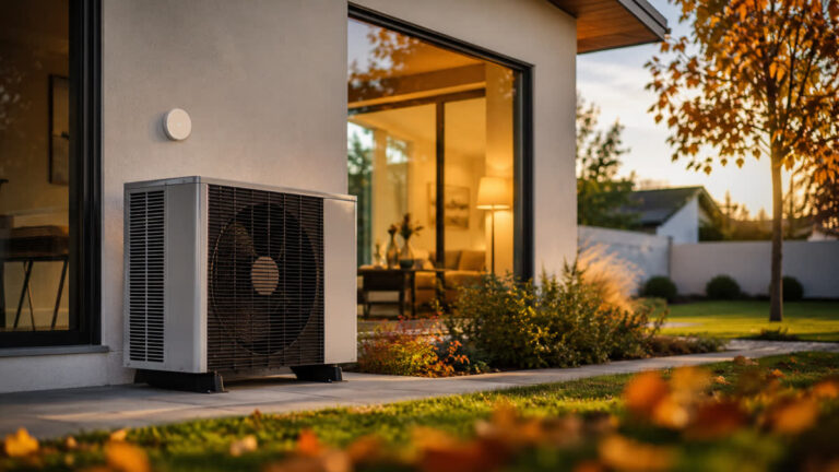 Pompe à chaleur devant une maison connectée en automne