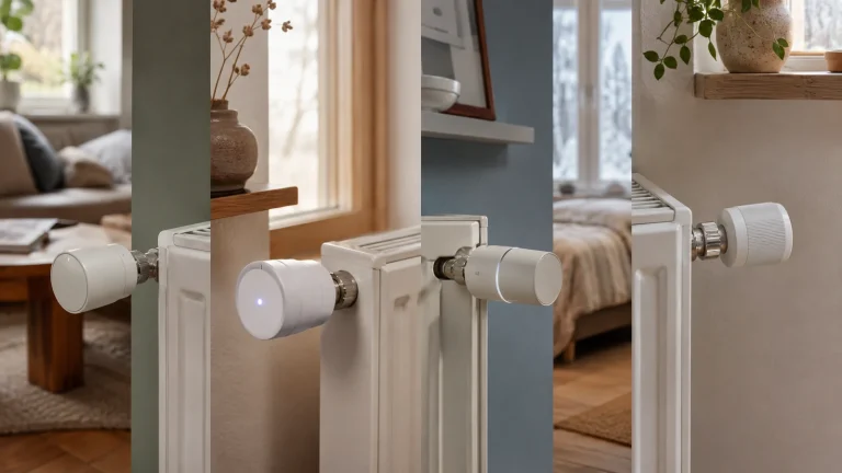 Plusieurs modèles génériques de têtes thermostatiques installés sur des radiateurs