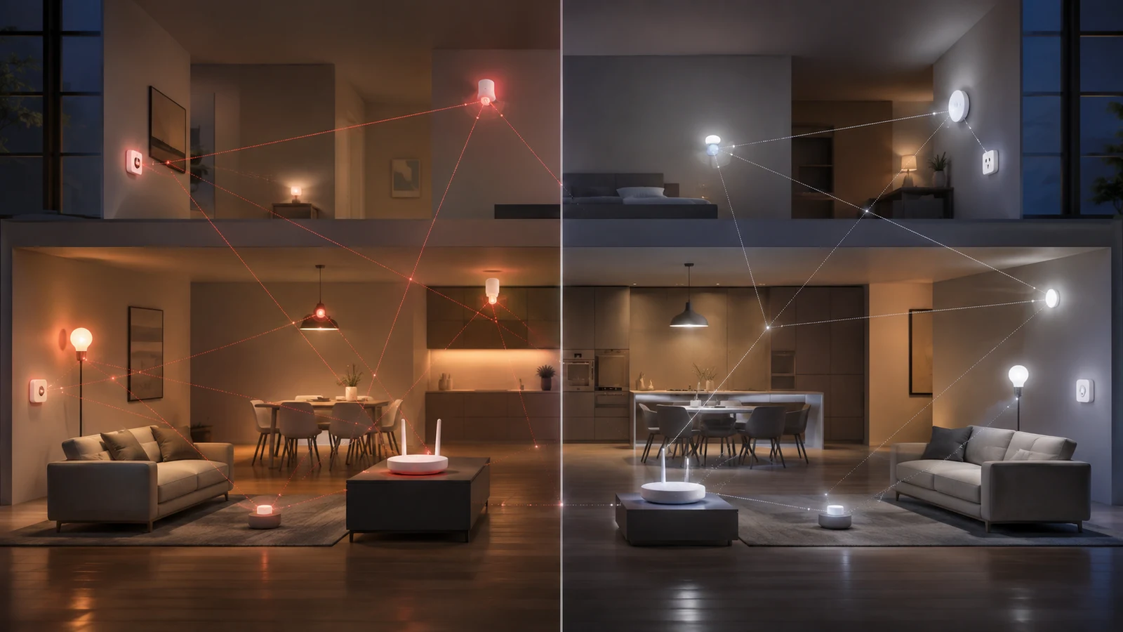 Comparaison visuelle de deux réseaux maillés de capteurs dans une maison